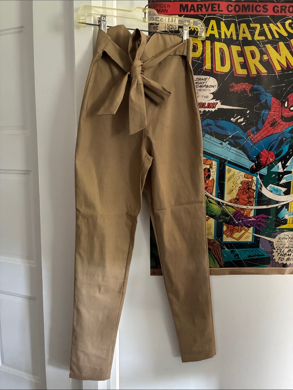 Tan High-Waist Trousers with Long Self-Tie Belt